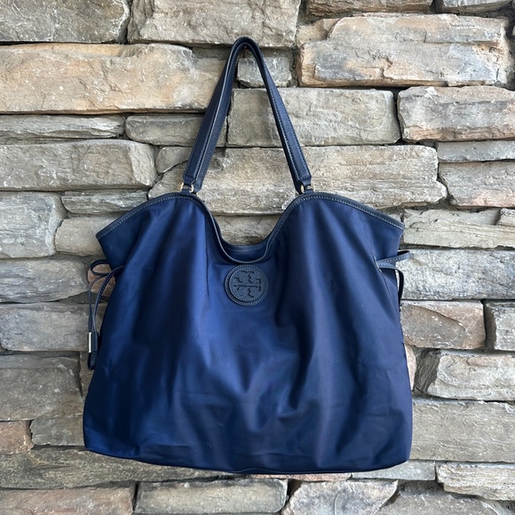 Tory Burch Navy Blue Nylon Tote Bag Side cinch shoulder bag - Picture 1 of 11
